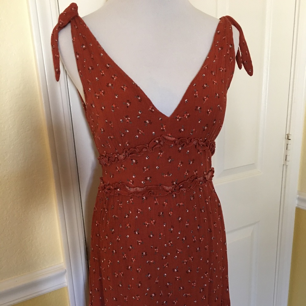 Copper Boho Plunging V-Neck Dress, Size M